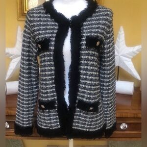 Laura Ashley Vintage Black, White & Silver Wool Blend Long Sleeve Cardigan S
